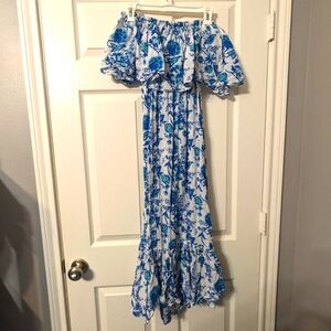 Neve & Noor Strapless Blue floral floor length sundress flowy skirt designer